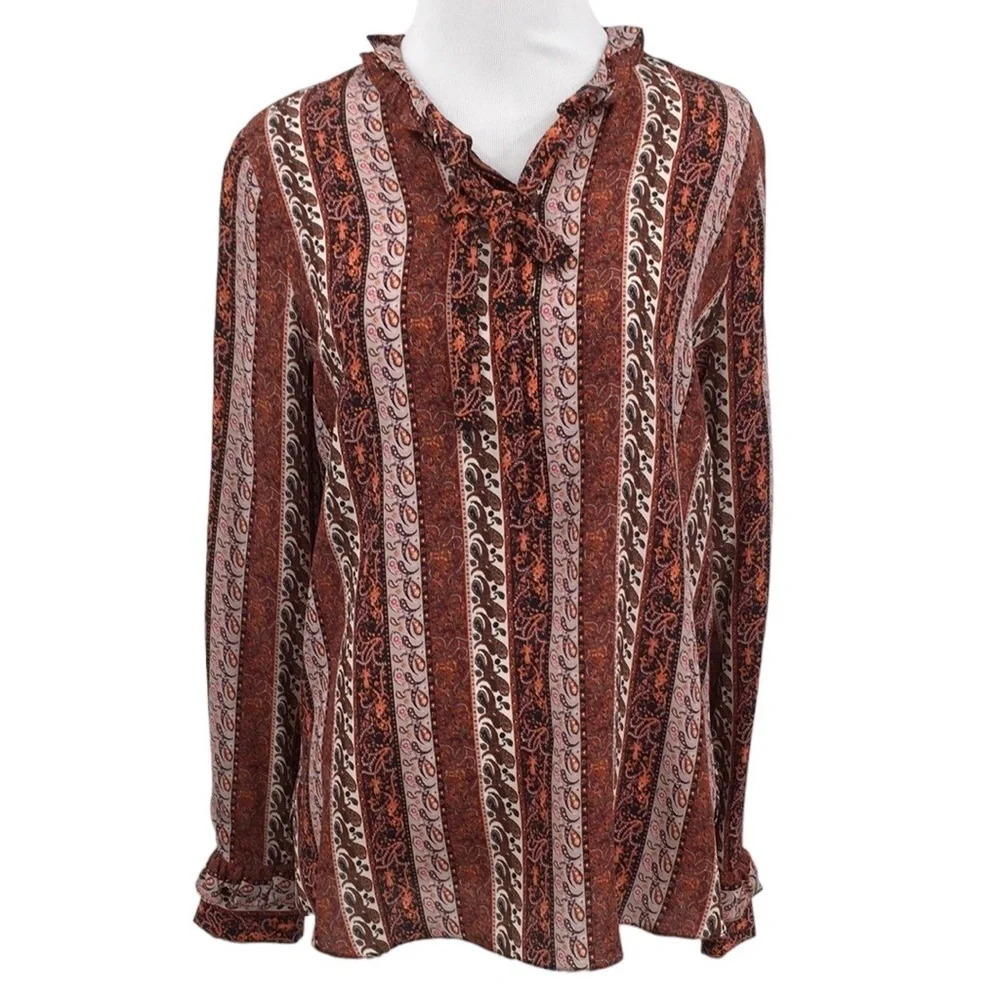 Kobi Halperin Shirt Womens XS Orange Gray Silk‎ Paisley Ruffle Tie Front Striped